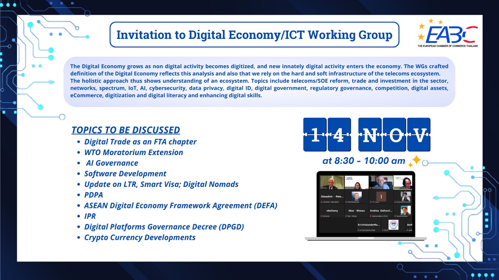 Invitation to EABC Digital Economy/ICT Working Group Meeting for EABC Members Invitation to EABC Digital Economy/ICT Working Group Meeting for EABC Members